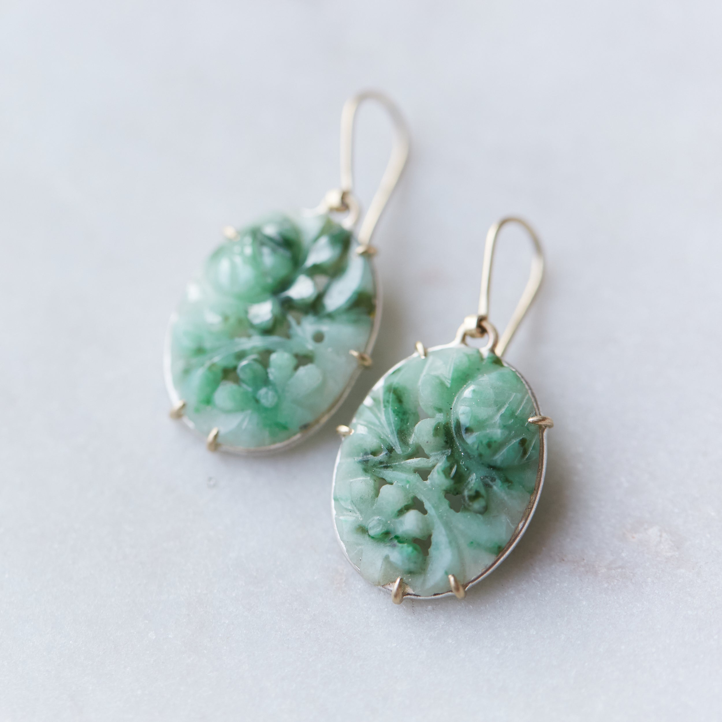 Floral Carved Jade in Silver Screw Back Earrings