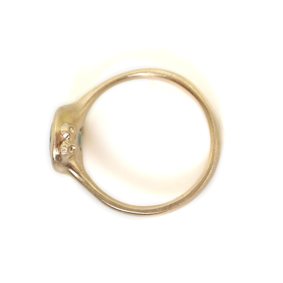 A 2.29ct Montana Sapphire ring. The Montana Sapphire is a pale, murky blue with tinges of green. The Montana sapphire is set in 14k gold with a tapered 14k gold band. The setting is encrusted with 14k gold barnacles. The ring is viewed off center and sits on a white background.