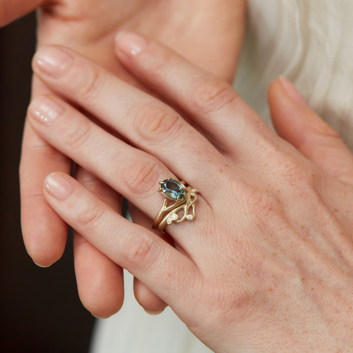 Large branch waiting ring with sapphire ring by Hannah Blount