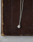 silver rose garden pendant necklace laying on leather book on marble