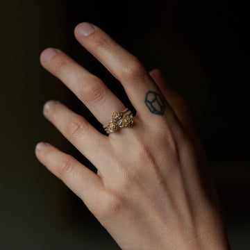 three gold and silver rose rings on person