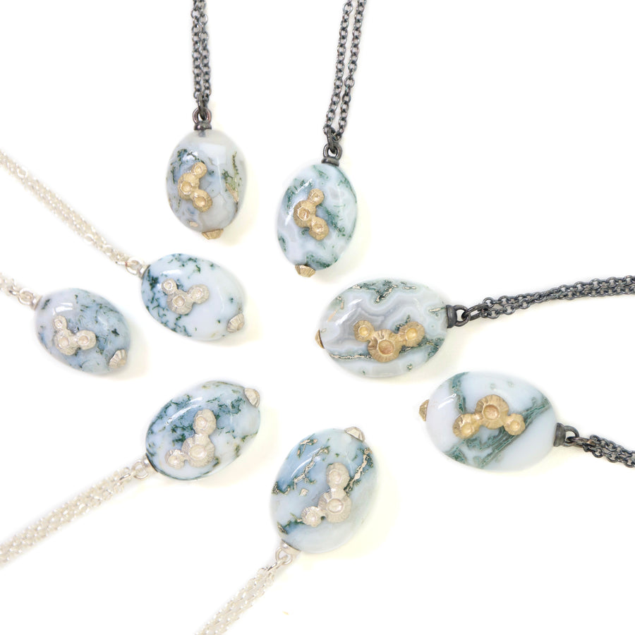 Indian opal necklaces with silver and oxidized silver chain and gold and silver barnacles by Hannah Blount