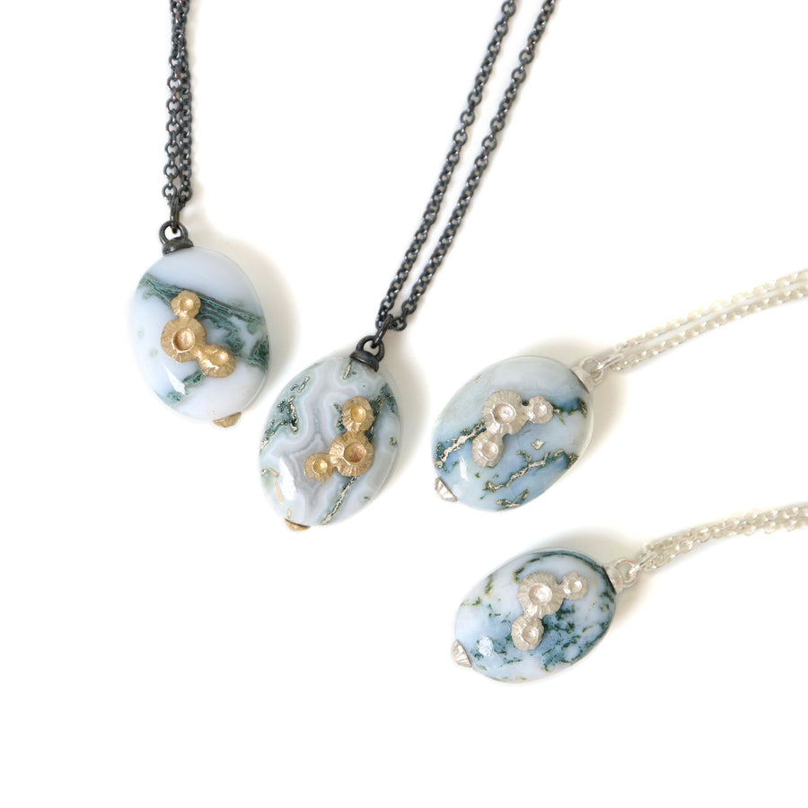 Indian opal necklaces with silver  and oxidized silver chain and silver and gold barnacles by Hannah Blount