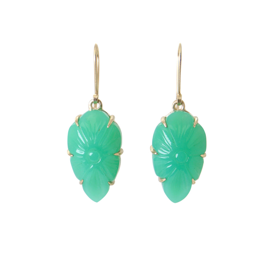 Two 17.93ct Carved Chrysoprase Earrings on a white background. The carved Chrysoprase is set with six 14k gold prongs and gold ear wires. The Chrysoprase is shaped like a shield and carved with a flower motif. 