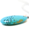 kingman turquoise pendant with inked illustration of a school of tiny fish on oxidized silver chain with gold details