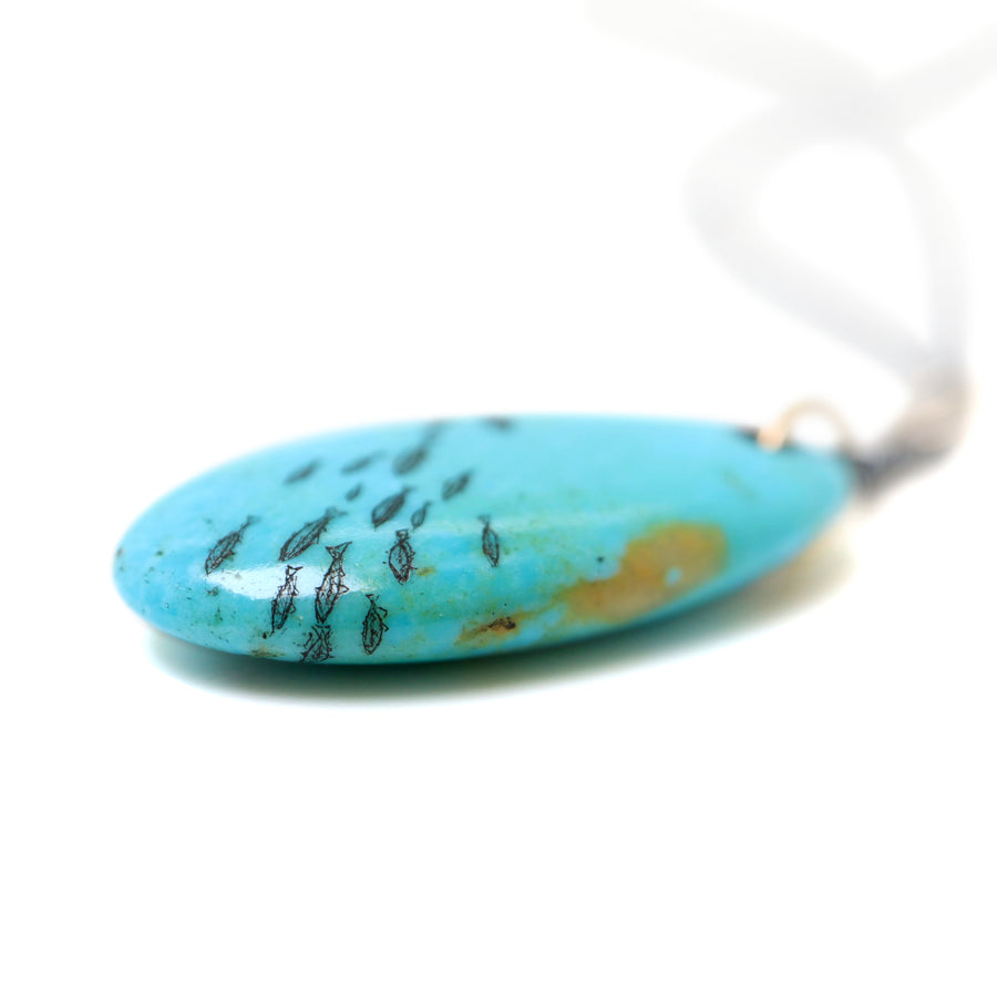 kingman turquoise pendant with inked illustration of a school of tiny fish on oxidized silver chain with gold details