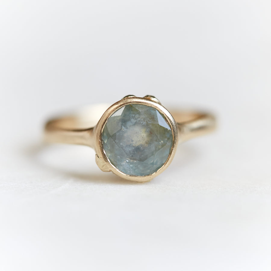 A 2.29ct Montana Sapphire ring. The Montana Sapphire is a pale, murky blue with tinges of green. The Montana sapphire is set in 14k gold with a tapered 14k gold band. The setting is encrusted with 14k gold barnacles. The ring is viewed off center and sits on a white background.