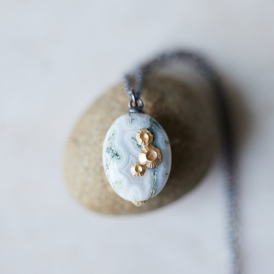 Indian opal necklaces with oxidized silver chain and gold barnacles by Hannah Blount