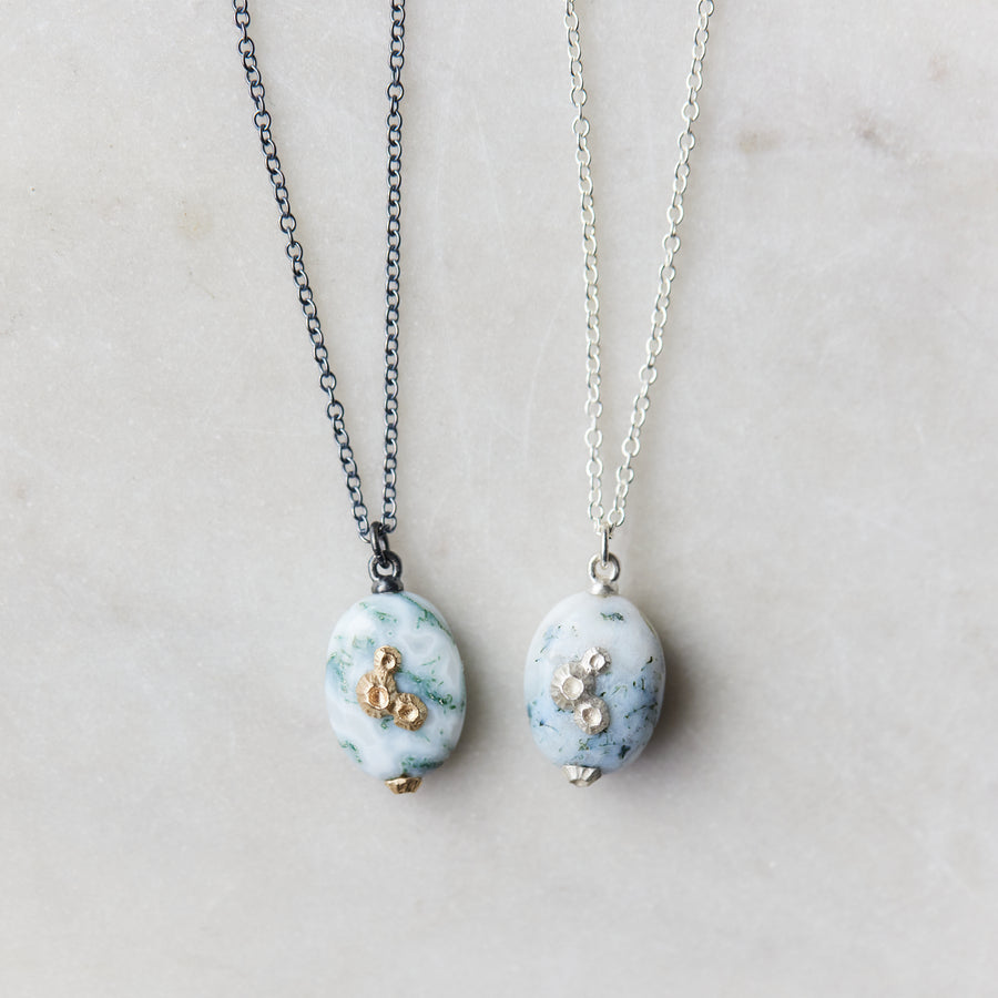 Indian opal necklaces with silver and oxidized silver chain and gold and silver barnacles by Hannah Blount