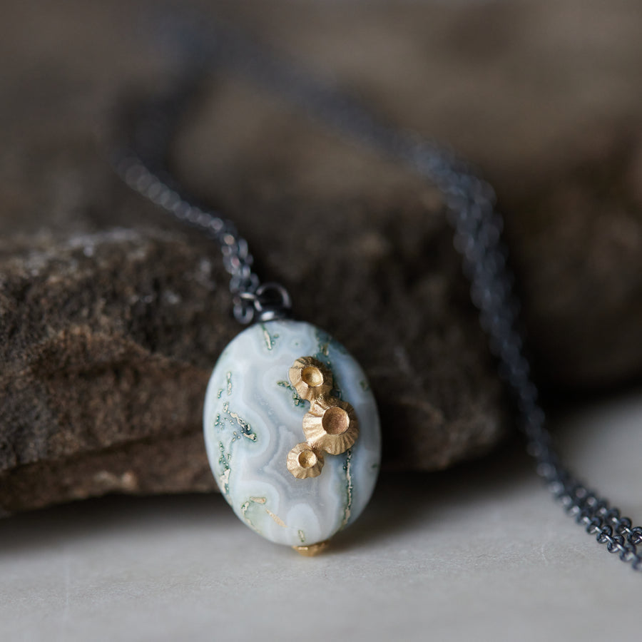 Indian opal necklaces with oxidized silver chain and gold barnacles by Hannah Blount