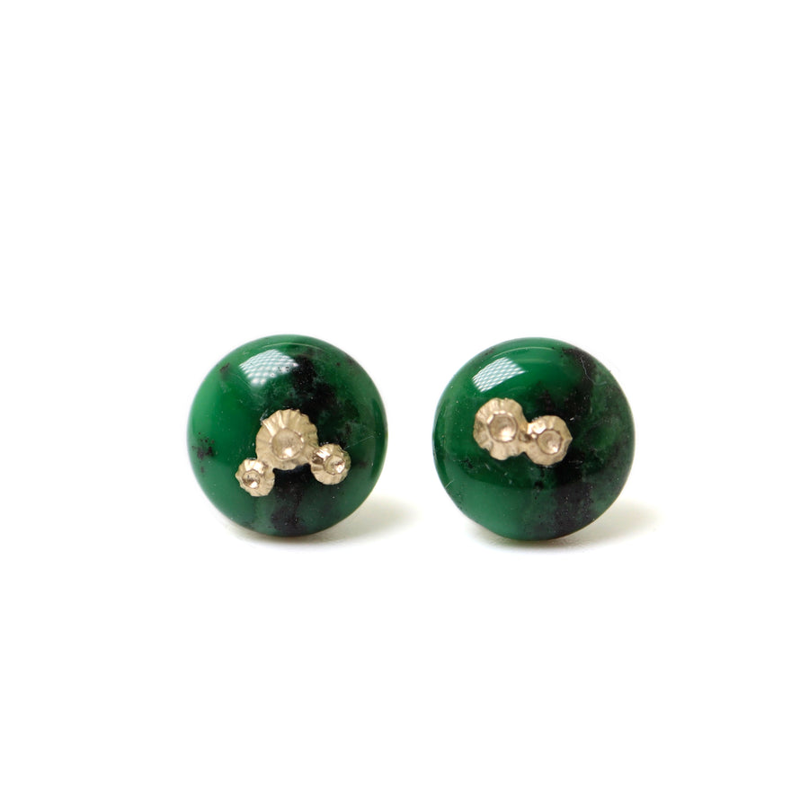 dark green garnet earring studs with gold barnacles