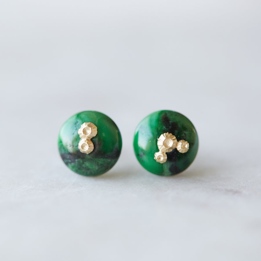 dark green garnet earring studs with gold barnacles