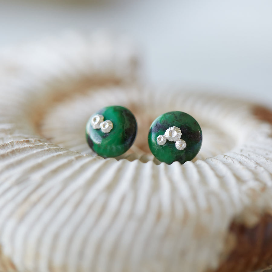 dark green garnet earring studs with silver barnacles