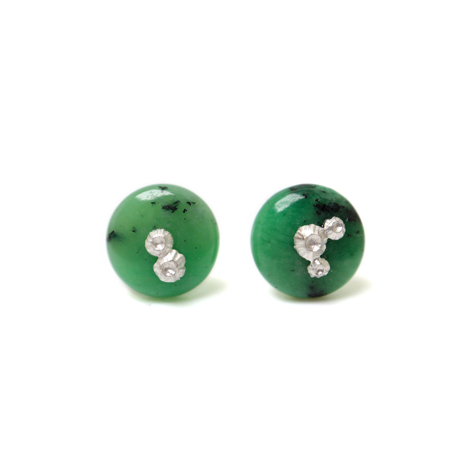 medium green garnet earring studs with silver barnacles