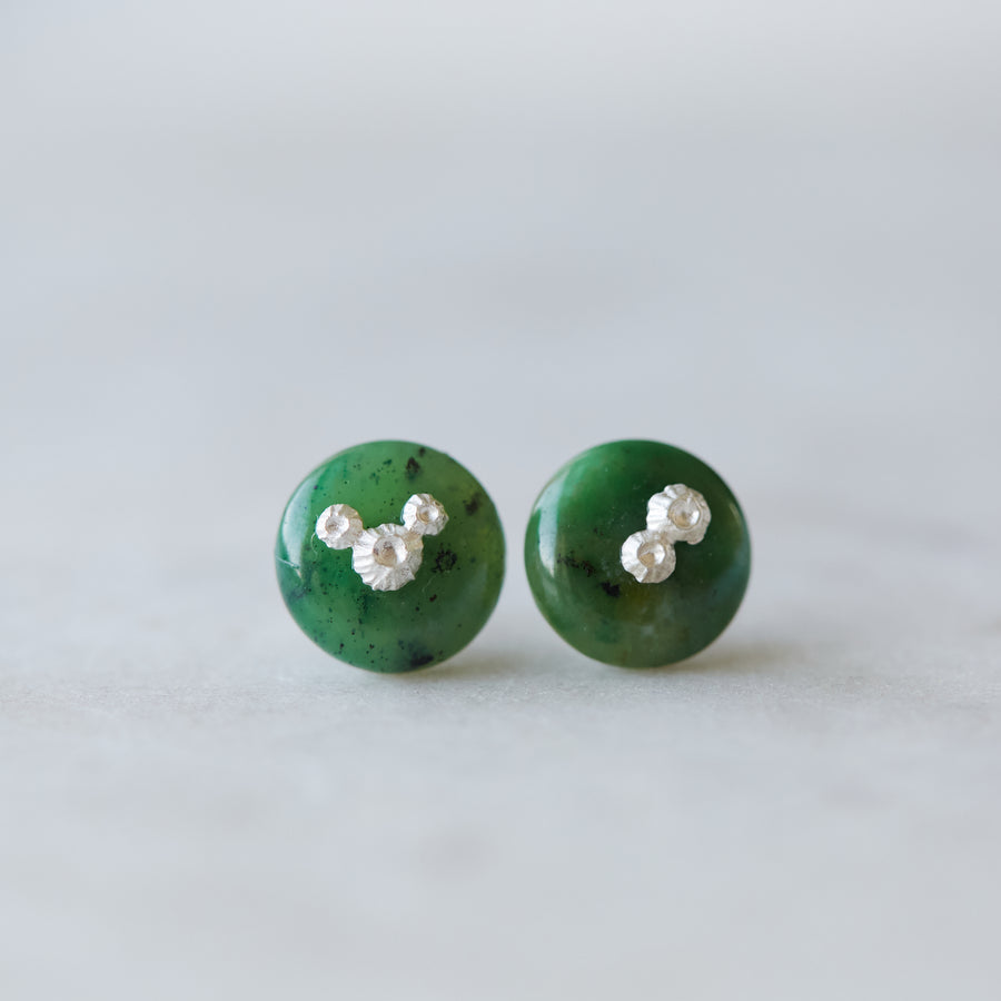 medium green garnet earring studs with silver barnacles