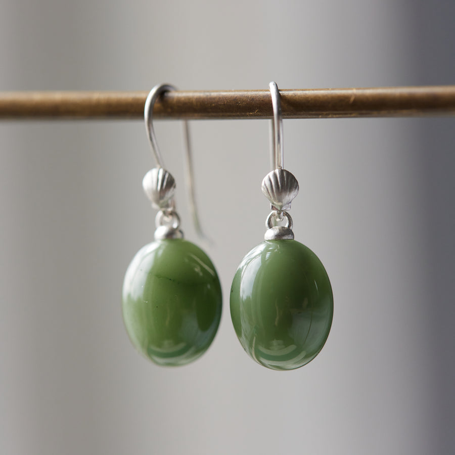 Nephrite jade drop earrings with silver shell