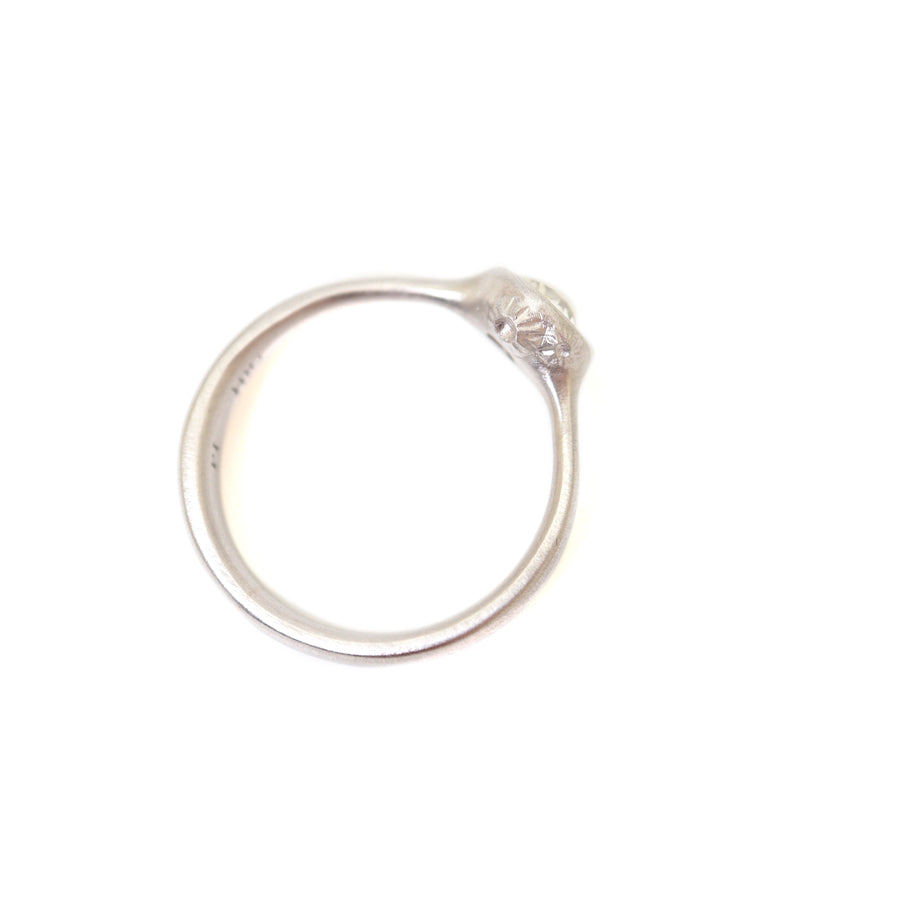 Side view of 0.7ct Old European cut diamond ring to highlight the barnacle detail. 