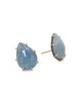 teardrop aquamarine faceted stones set in earring studs with gold prongs