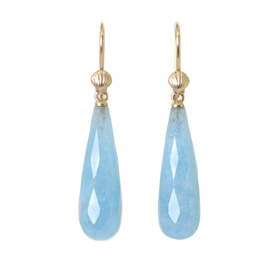 faceted blue aquamarine drop earrings under gold scallops