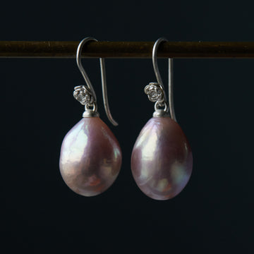 pink freshwater pearl drop earrings with silver ear wires and silver roses