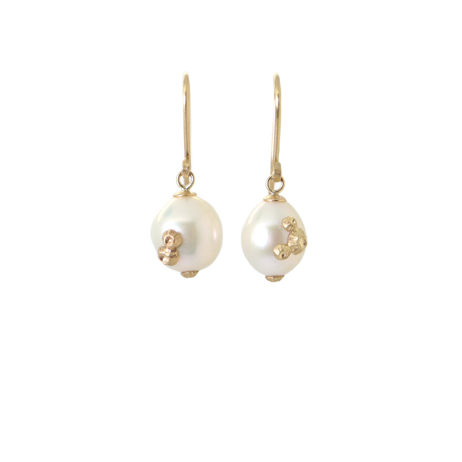 Pearl drop earrings with gold barnacles