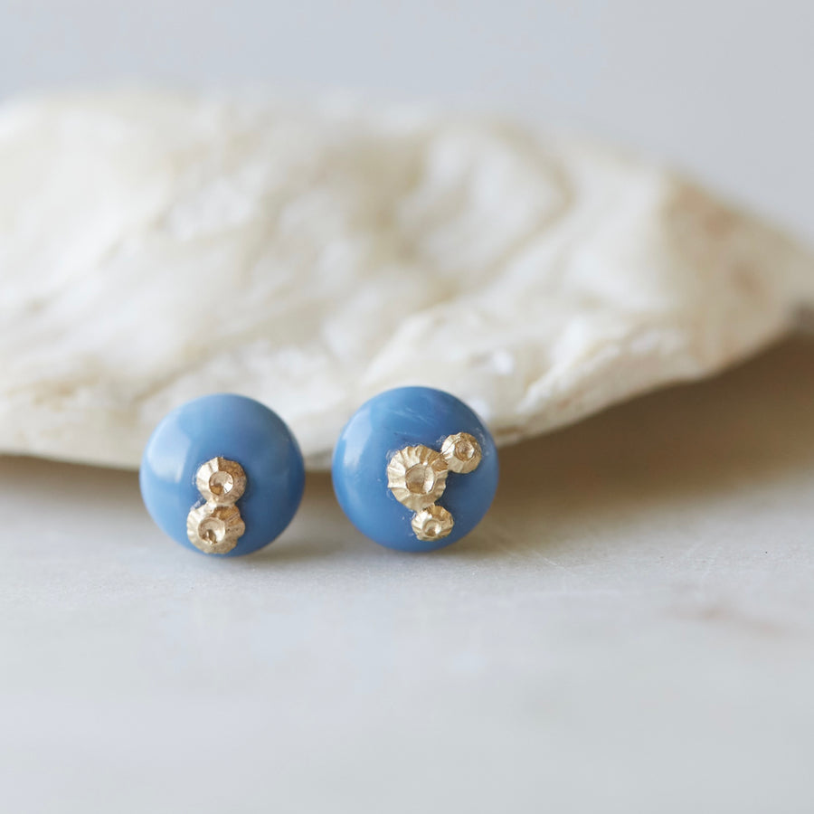 blue common opal earring studs with gold barnacles