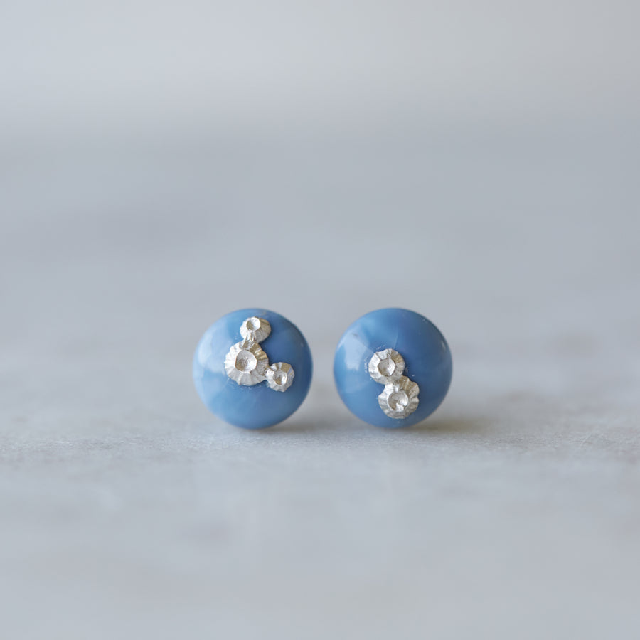 blue common opal earring studs with silver barnacles