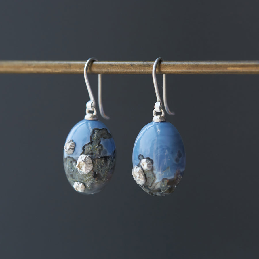 mottled blue common opal earrings with silver barnacles and ear wires