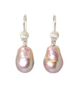 pink pearl drop earrings under silver scallop shells