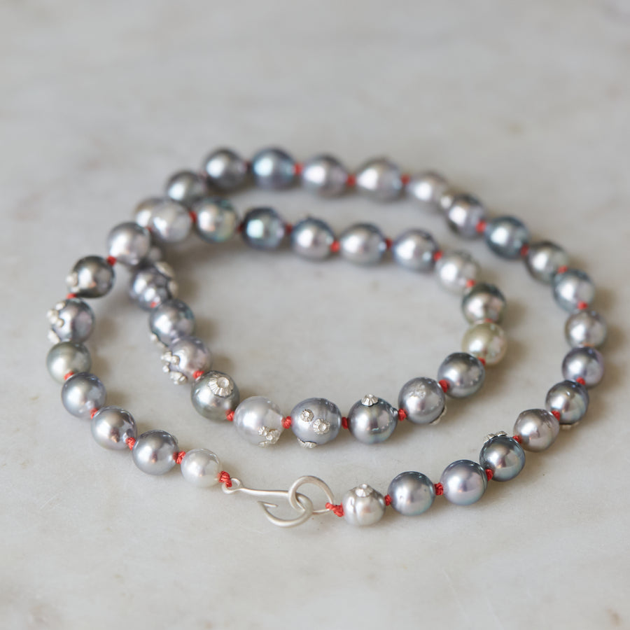 Tahitian pearl strand with silver barnacles by Hannah Blount