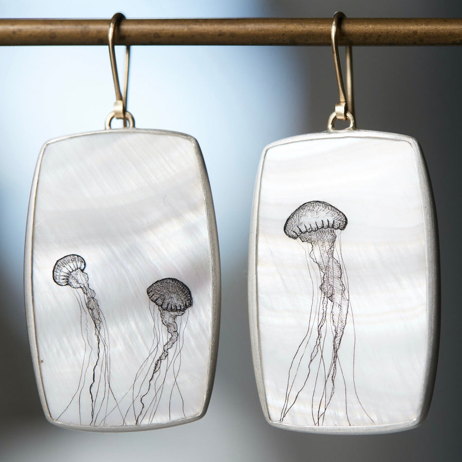 Sea Nettle Mother of Pearl Scrimshaw Earrings-Hannah Blount Jewelry