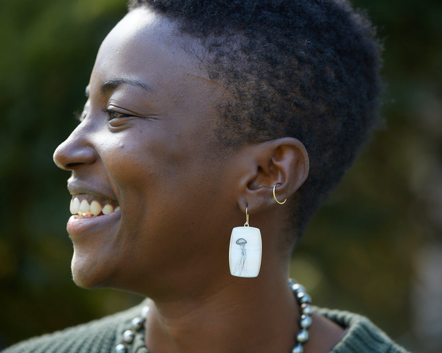 Sea Nettle Mother of Pearl Scrimshaw Earrings-Hannah Blount Jewelry